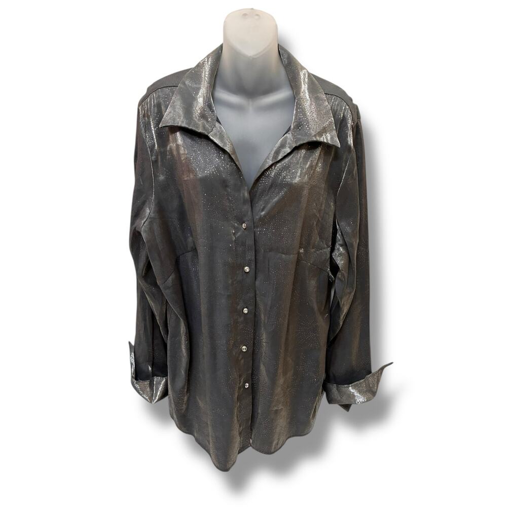 Ashley Stewart rhinestone metallic button down blouse - Picture 2 of 7